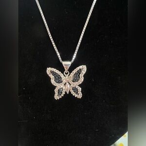Butterfly diamond Sterling 925 necklace  black & white diamonds By Heng Ngai 18”
